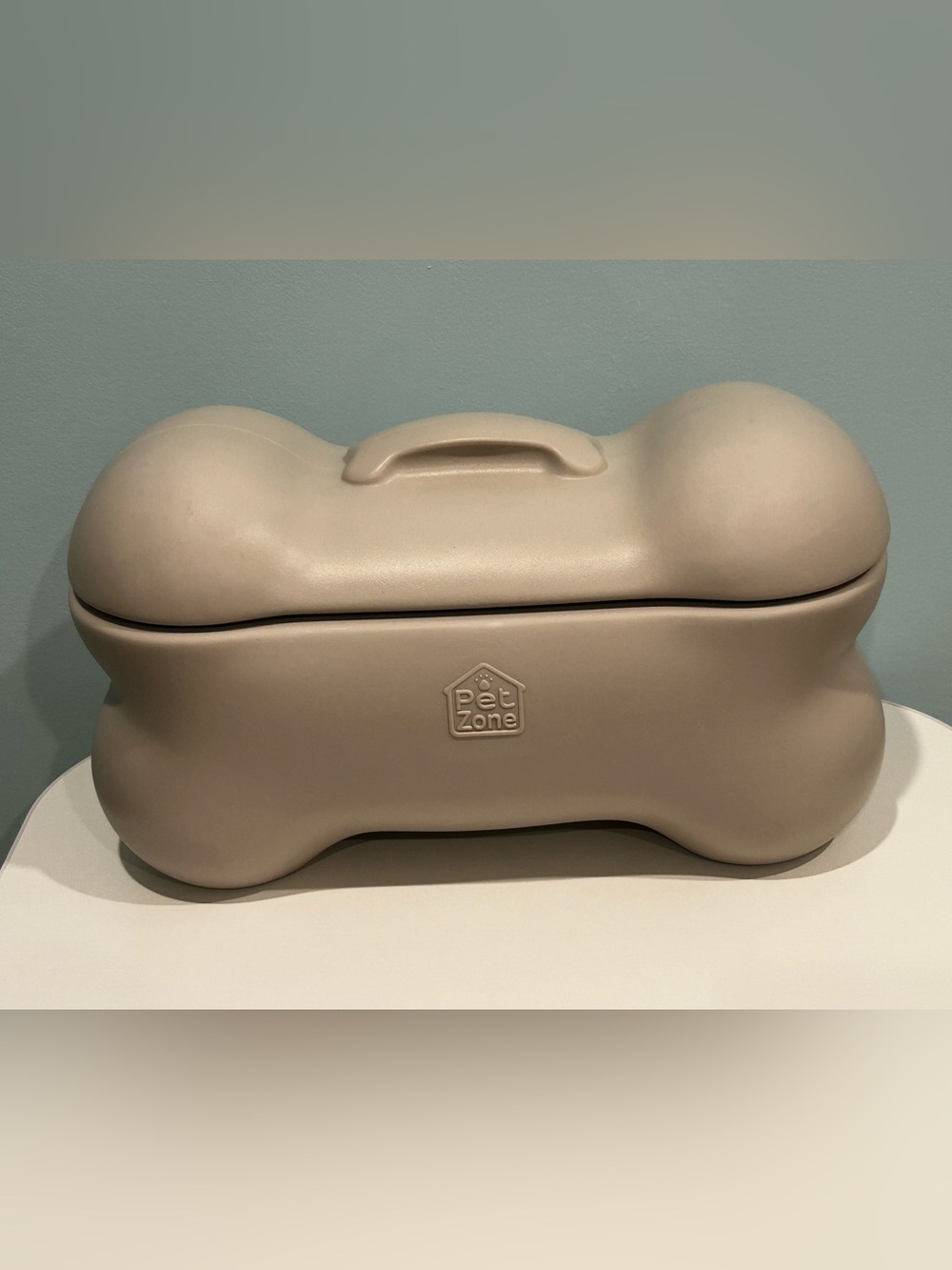 Pet Zone Bone Shaped Dog Toy Storage Bin Organizer w/ Lid Taupe